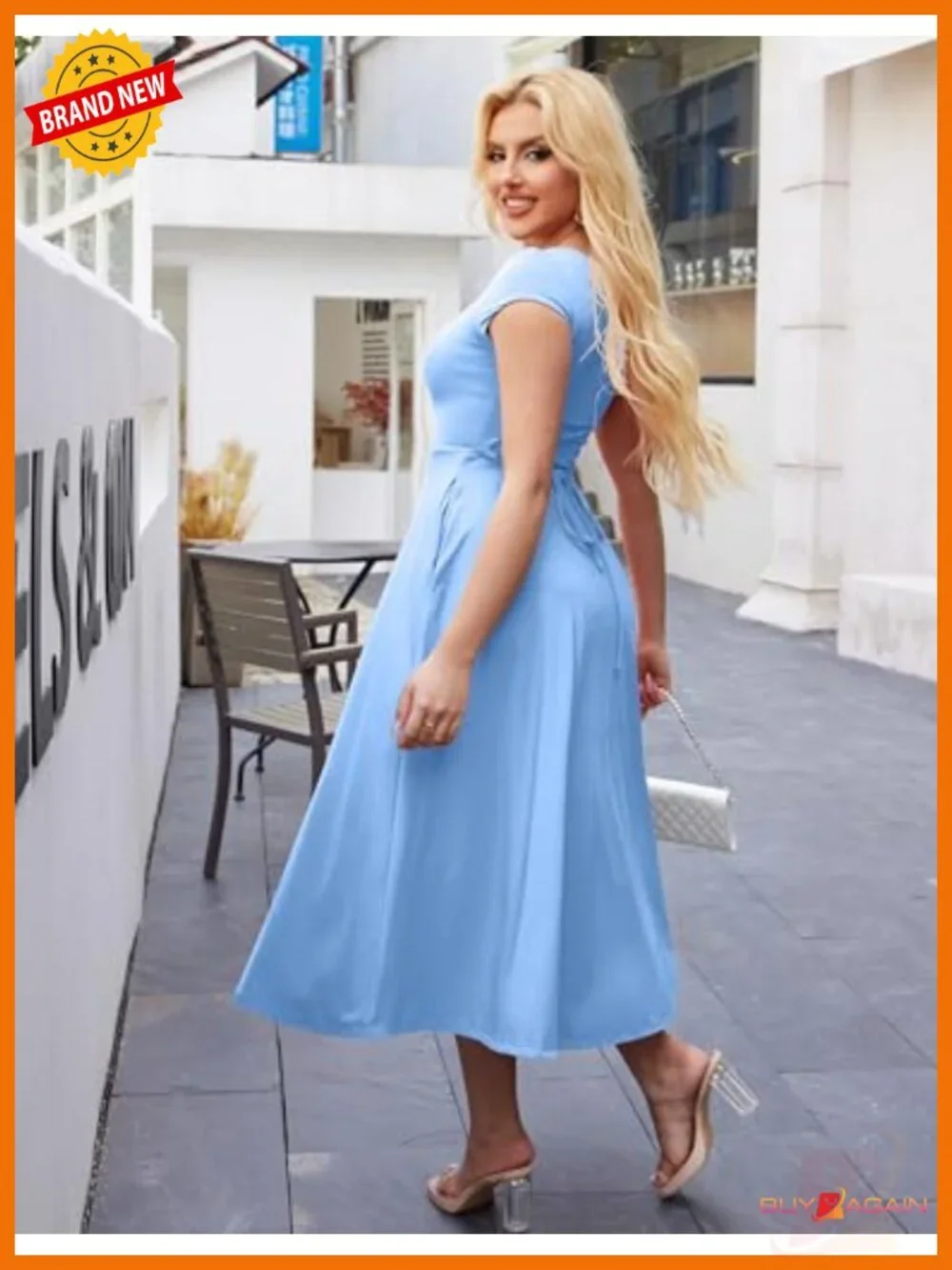 Women's Square Neck Short Sleeve Flowy Long Dress with Pockets